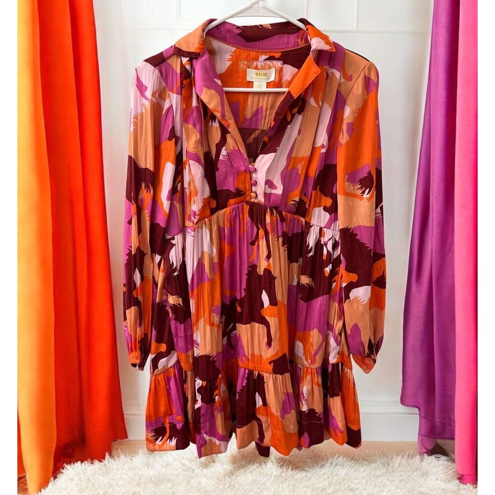 Maeve Horse Dress Size XSP Anthropology V neck Orange Fuchsia Pink buttons - EUC